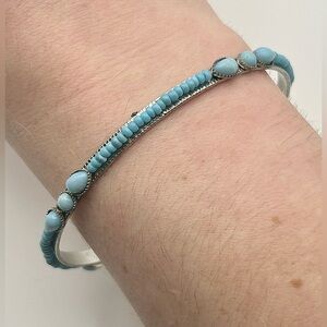 Blue Beaded Bangle Bracelet with Textured Borders